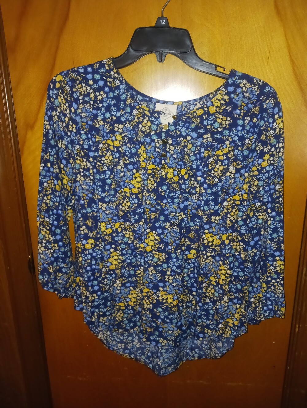 St. John's Bay Navy Floral Button Blouse with Yellow Accents